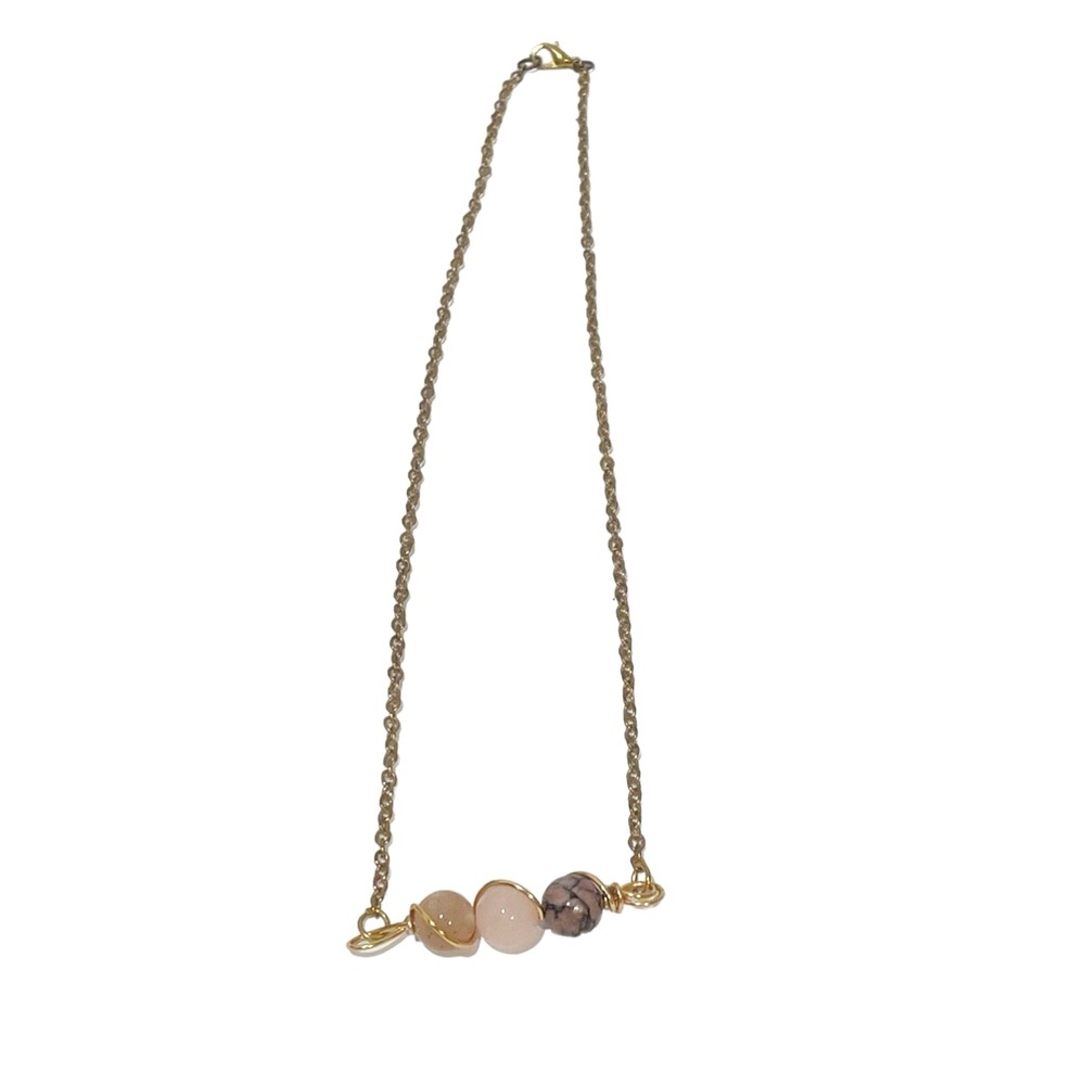 Gold Tone Delicate Round Pink Sunstone Necklace